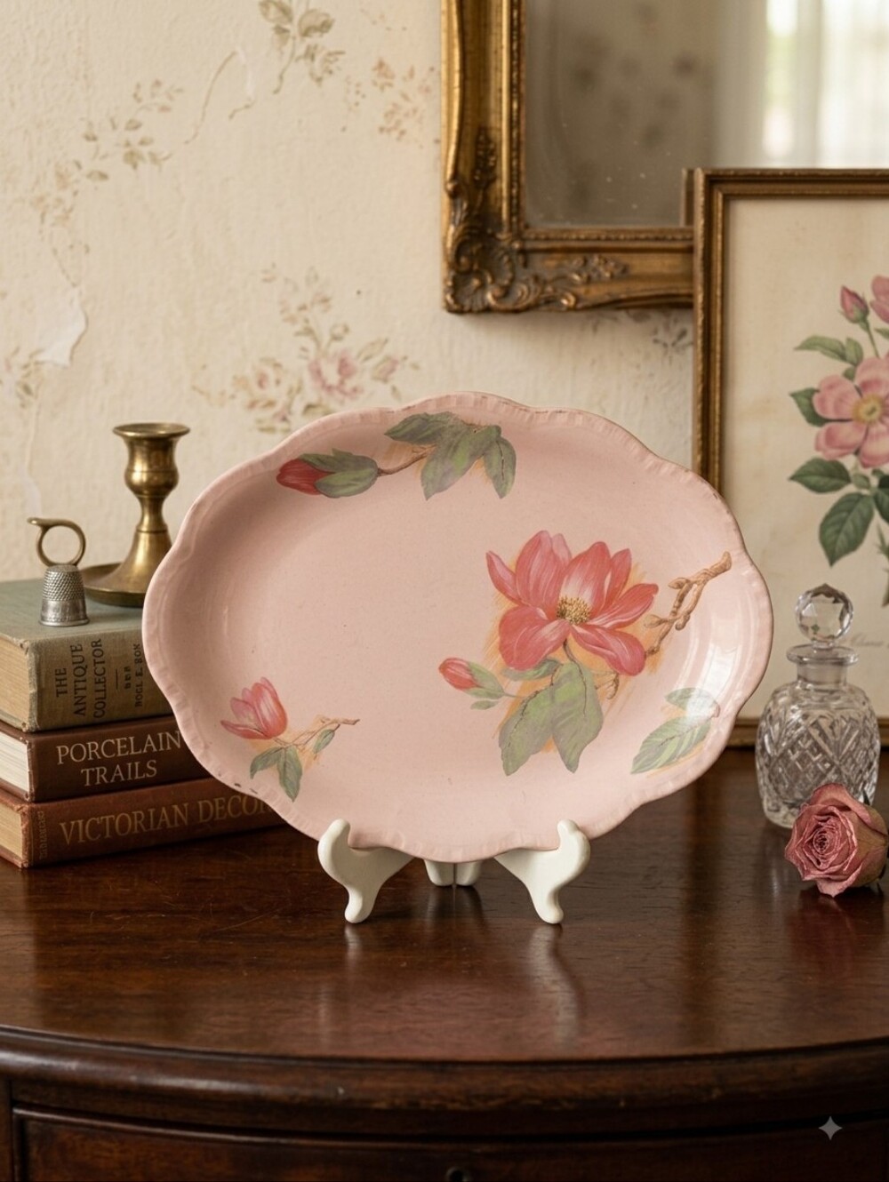 Vintage J&G Meakin Rosa Sol Pink Magnolia Scalloped Oval Dish - WWII Era 1940s
